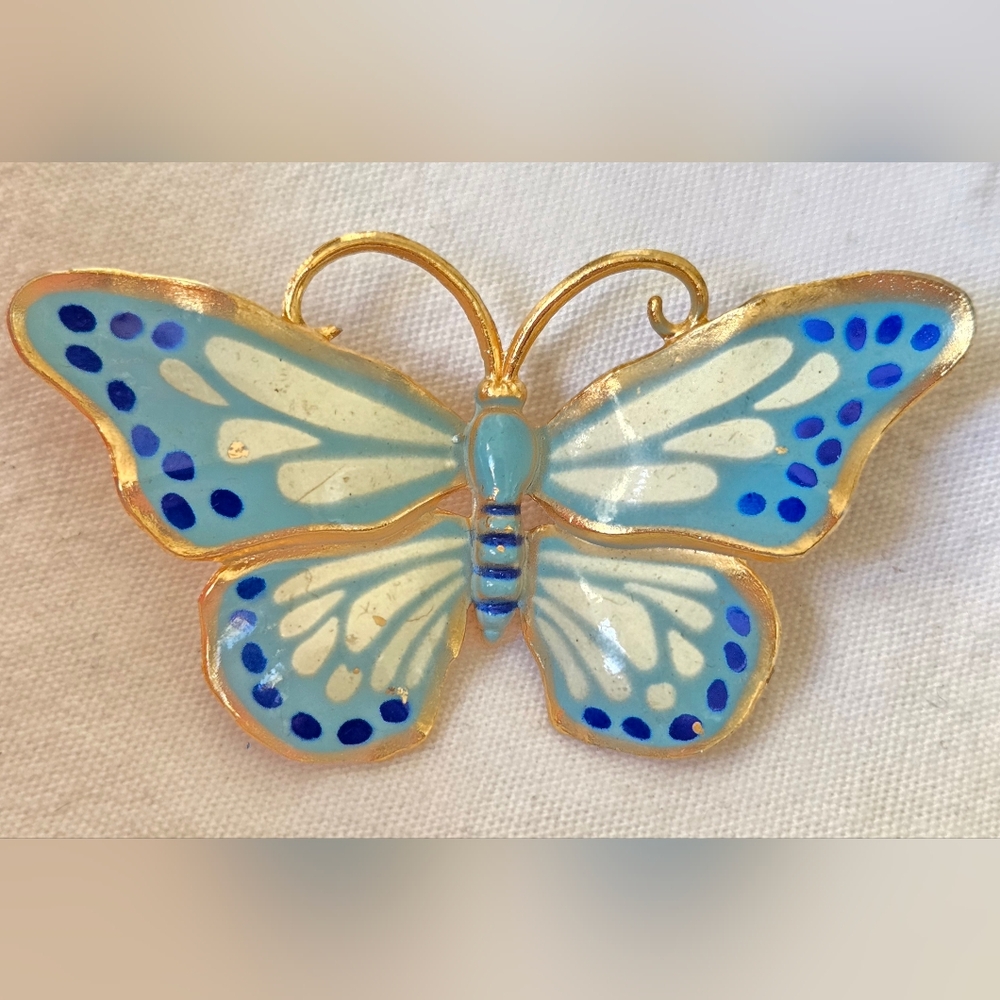Vintage Mid Century Blue & White Metal Enamel Butterfly Brooch Gold-Tone